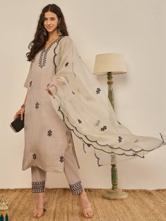 Beige Black Embroidered Kurta with Pants & Dupatta Set