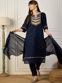 Blue Embroidered Chanderi Silk Kurta Set with Embroidered Dupatta