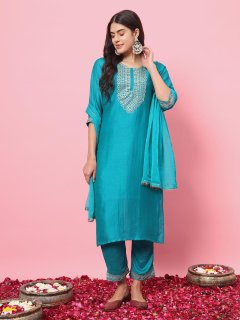 Bright Blue Silk Blend Yoke Design Kurta and Trousers Pant Set
