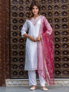 Chanderi Silk Kurta Pant Set with Embroidered Organza Dupatta Traditional Party Wear