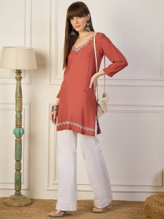 Earthy Rust Embroidered Rayon Tunic with White Flared Pants Set