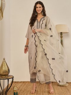 Elegant Beige Silk Blend Embroidered Kurta Set with Dupatta