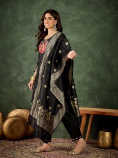 Elegant Black Silk Blend Printed Kaftan Kurti with Dupatta