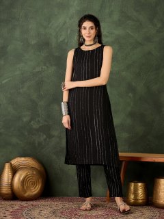 Elegant Black Silk Blend Sleeveless Kurta Set with Subtle Stripes