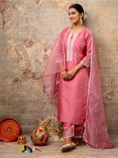 Elegant Pink Silk Blend Kurti Set with Pearl Embellished Details