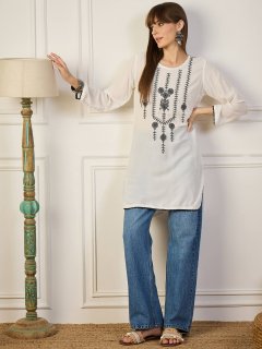 Elegant White Rayon Tunic with Black Thread Embroidery