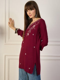 Embroidered Short Kurti – Maroon Casual Wear Top for Women