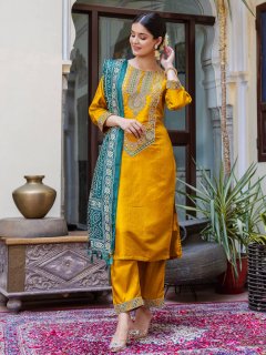 Embroidered Silk Blend Calf Length Straight Kurta Trouser with Dupatta Set
