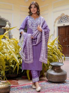  Embroidered Silk Blend Calf Length Straight Kurta Trouser with Dupatta Set