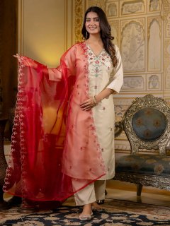 Embroidered Silk Blend Calf Length Straight Kurta Set with Organza Dupatta