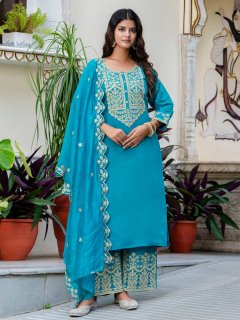 Embroidered Silk Blend Calf Length Straight Kurta with Palazzo & Dupatta Set
