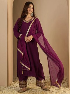Embroidered Silk Blend Calf Length Straight Kurta with Palazzo & Dupatta Set