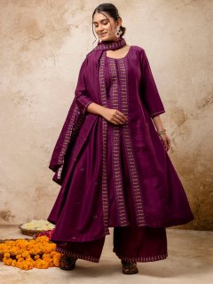 Embroidered Silk Blend Calf Length Flare Kurta with Palazzo & Dupatta Set