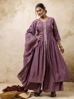 Embroidered Silk Blend Calf Length Flare Kurta with Palazzo & Dupatta Set