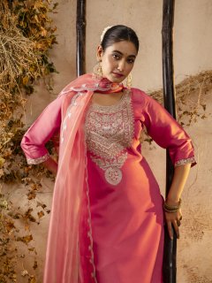 Embroidered Silk Blend Calf Length Straight Kurta Trouser with Dupatta Set