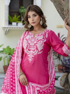  Embroidered Silk Blend Calf Length Straight Kurta Trouser with Dupatta Set