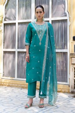  Embroidered Silk Blend Straight Suit With Dupatta