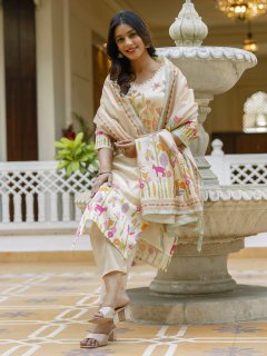 Floral Printed Handwork Silk Straight Kurta With Trousers & Dupatta Suits