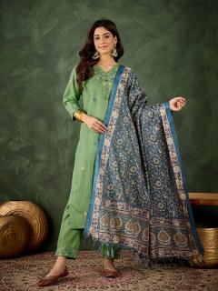 Green Cotton Blend Embroidered Kurta Pant Set with Printed Dupatta