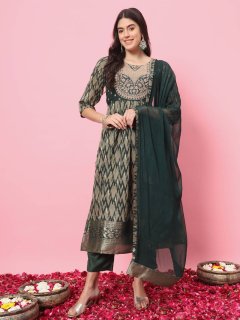 Green Cotton Silk Embellished Flared Suit Set