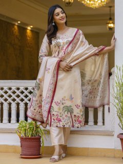 Ivory Garden Charm Viscose Assam Silk Printed Kurta Set with Dupatta