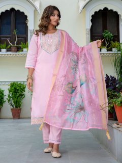 Larissa Women's Embroidered Silk Blend Calf Length Straight Kurta Trouser with Dupatta Set