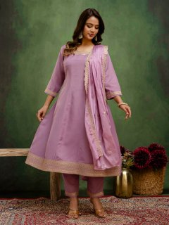 Lavender Stylish Anarkali Kurta Set Ready to Wear Soft Silk Fabric with Embroidered Dupatta Tailored Fit