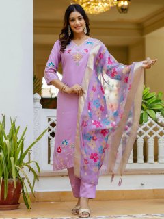 Lavender floral Placement Print Viscose Silk Suit Set with Sequence and Hand work