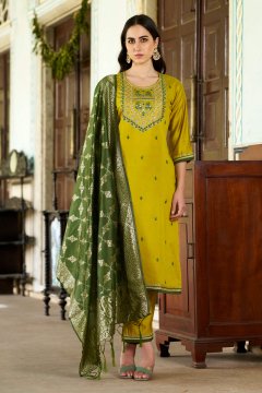 Lemon Silk Blend Kurta With Dupatta Set