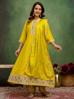 Lemon Stylish Anarkali Kurta Set Ready to Wear Soft Silk Fabric with Embroidered Dupatta Tailored Fit