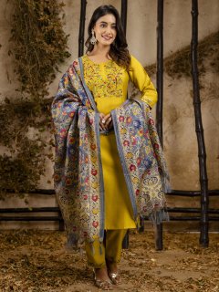 Lemon Yellow Viscose Rayon Embroidered Suit Set
