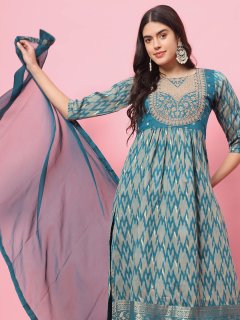 Light blue Cotton Silk Embellished Flared Suit Set Sale 