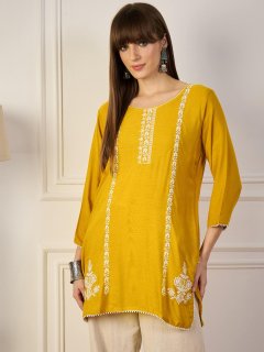 Mustard Floral Embroidered Straight Kurta | PPTOSS