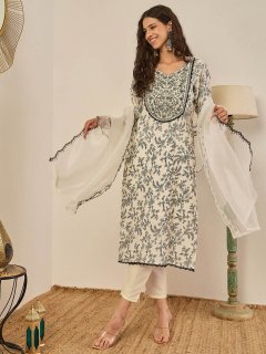 Off-White Floral Embroidered Kurta with Pants & Dupatta Set