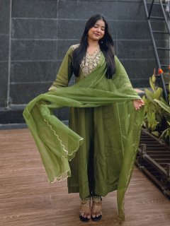 Olive Green Silk Blend Embroidered Kurta Set with Dupatta