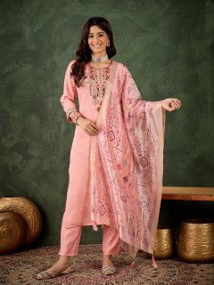 Peach Embroidered Silk Blend Kurta Set with Printed Dupatta