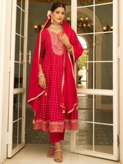Pink Embroidered Anarkali Kurta Set Suits with Silk Dupatta