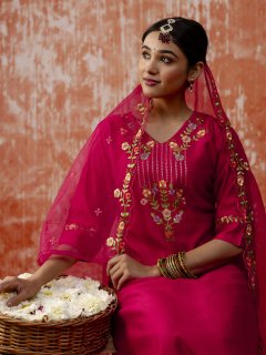 Pink Embroidered Viscose Blend Straight Suit With Dupatta
