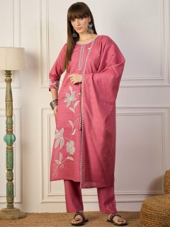 Pink Embroidery Silk Straight Kurta With Trousers & Dupatta Sets