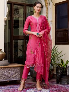 Pink Floral Embroidered Straight Kurta With Trouser And Dupatta