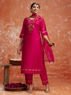Pink Floral Yoke Design V-Neck Sequinned Straight Kurta With Trousers & Dupatta