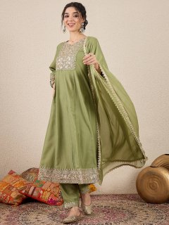 Pista Silk Blend Anarkali Kurta with Trousers & Dupatta Suits