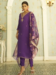 Royal Purple Silk Blend Embroidered Kurta Set with Dupatta