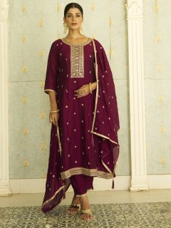 Royal Purple Silk Blend Embroidered Kurta Set with Dupatta