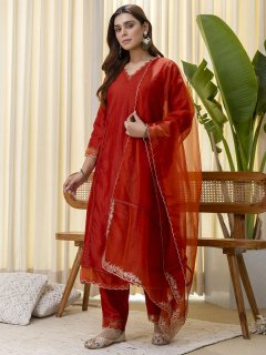 Rust Embroidred Kurta Sets with Sequins Work Women Suits
