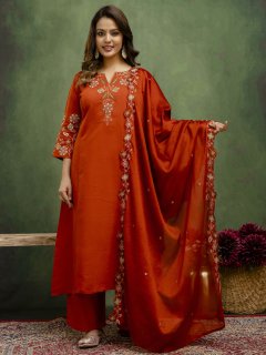 Rust Silk Blend Embroidered Kurta Set with Dupatta