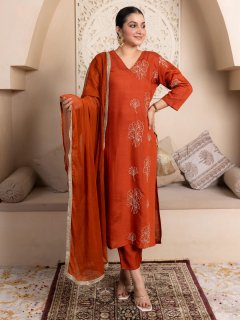 Rust Yoke Design Silk Blend Straight Suit With Dupatta