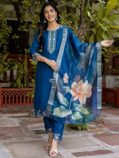 Silk Blend Blue Embroidered Design Straight Kurta suits