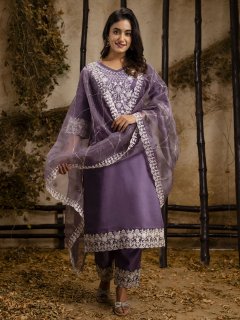 Silk Blend Calf Length Embroidered Straight Suit Set