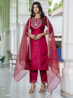 Silk Blend Embroidered Kurta Set with Dupatta